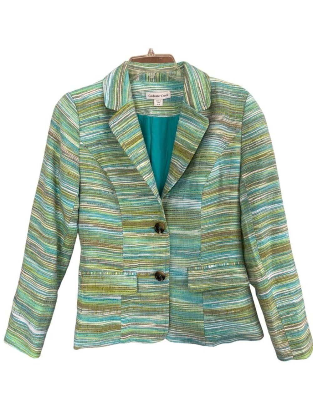 Coldwater Creek Blazer Jacket Sze 4-6 Small Green Blue Textured Coastal Stripe